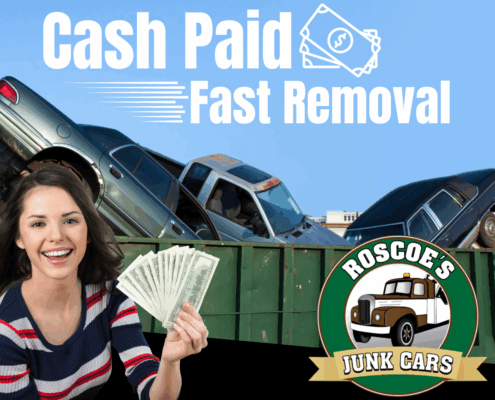 woman holding cash money in front of a dumpster full of cars with the roscoes junk cars logo